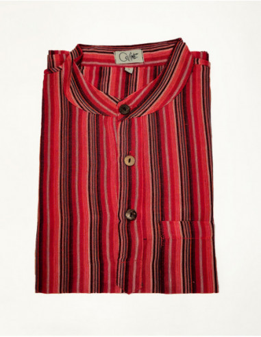 Men's long sleeve cotton shirt with red Nepalese stripes