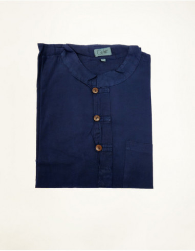 Men's simple navy blue cotton short sleeve straight cut shirt