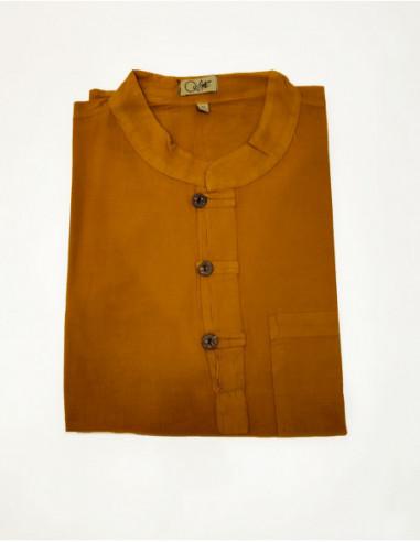 Men's straight flowing shirt with plain button-down collar in mustard yellow cotton