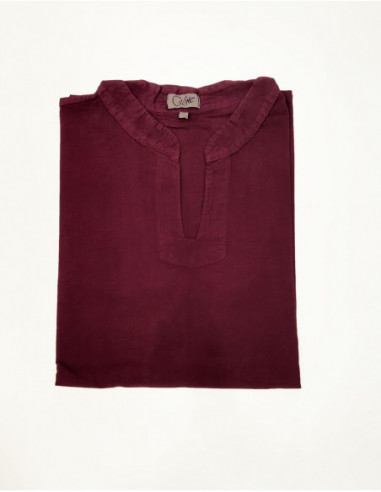 Men's summer short sleeve V-neck shirt in burgundy red cotton