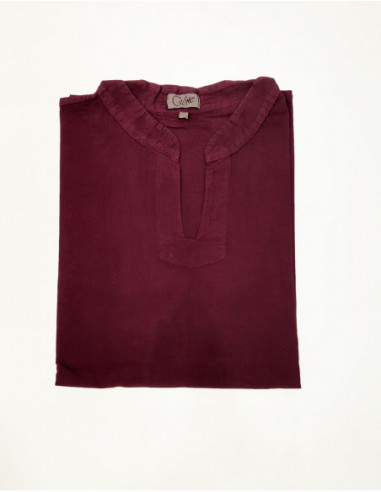 Chemise à manches courtes col v basique pour homme en coton uni rouge bordeaux