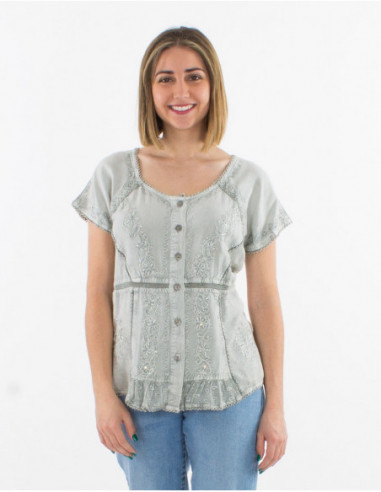 Chic stone wash blouse with plain water green pearl embroidery