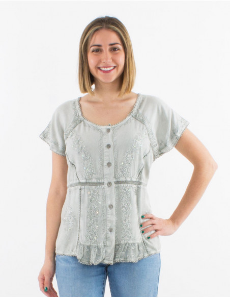 Chemisier chic en stone wash avec broderies de perle uni pour femme