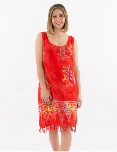 Robe courte de plage originale à motifs et franges rouge