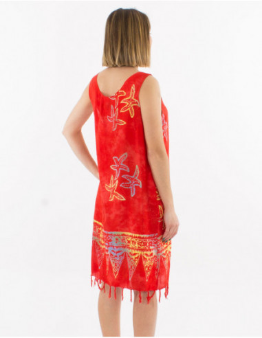 Robe courte de plage originale à motifs et franges rouge pour femme