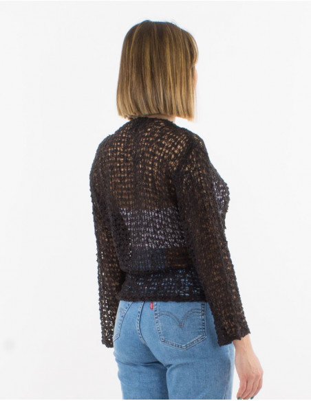 Veste d'été ajourée unie noire pour femme à nouer