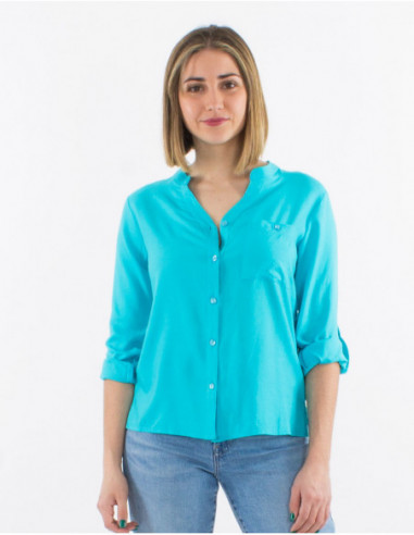 Women's button-down shirt with 3/4 adjustable sleeves, solid color, turquoise blue