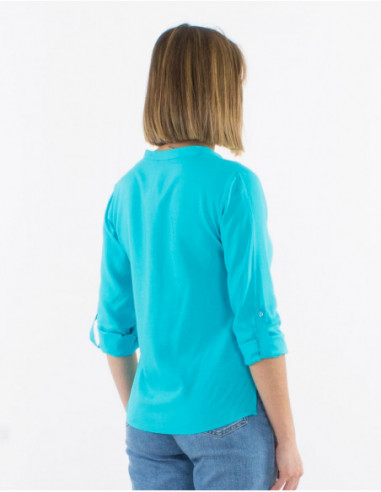 3/4 sleeves adjustable summer shirt for women basic plain turquoise blue
