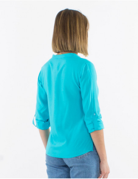3/4 sleeves adjustable summer shirt for women basic plain turquoise blue