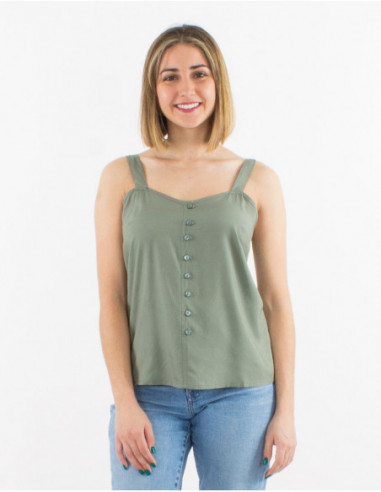 Chic cotton blouse for summer with plain khaki green buttons