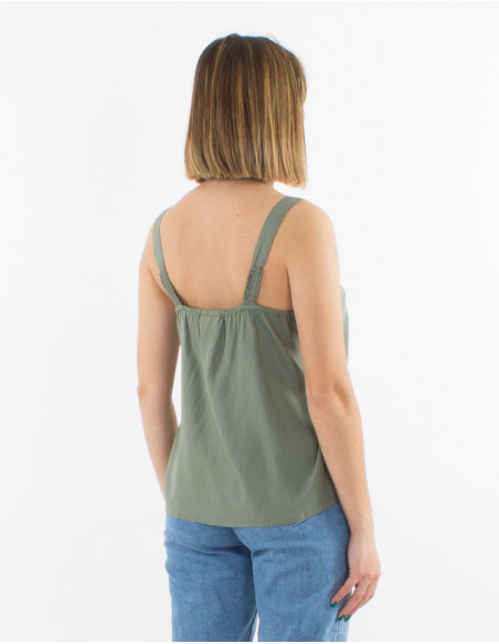 Lightweight summer top with wide straps for women in a basic khaki green
