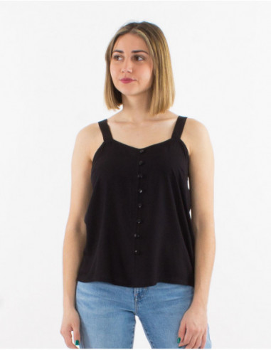 Blouse chic en coton pour l'été avec boutons unie basique noir