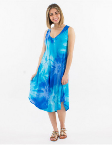 Original asymmetric beach dress in fuchsia blue cotton