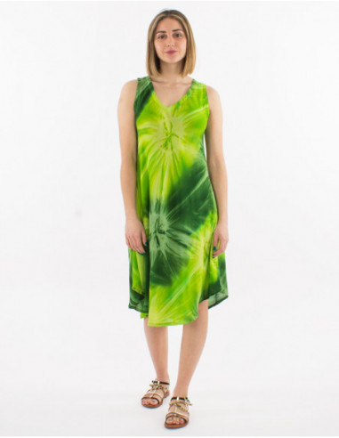 Original asymmetric beach dress in fuchsia green cotton
