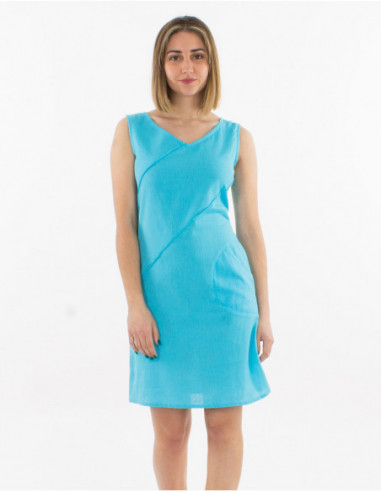 Basic blue cotton short dress with original stitching