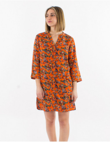 Women's cotton short dress for summer with floral bohemian print