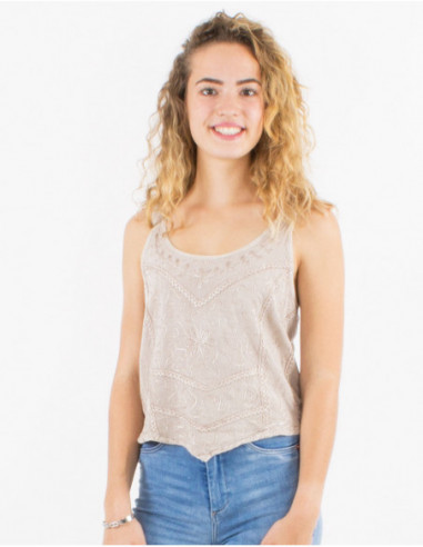 Top asymétrique uni original avec broderies beige