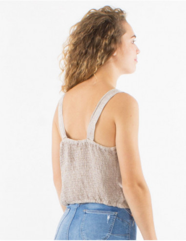 Top d'été court uni original avec broderies boho beige