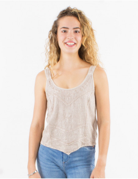 Plain asymmetrical boho crop top for summer with beige embroidery