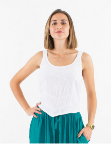 Top asymétrique uni original avec broderies blanc