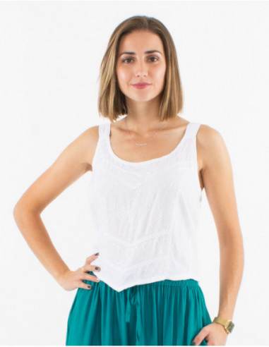 Crop top uni asymétrique boho pour l'été avec broderies blanc