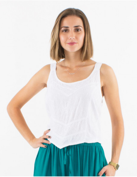 Plain asymmetrical boho crop top for summer with white embroidery