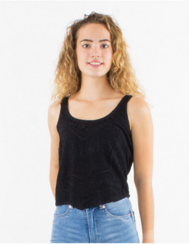 Top asymétrique uni original avec broderies noir