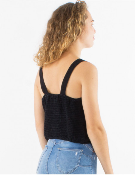 Top d'été court uni original avec broderies boho noir