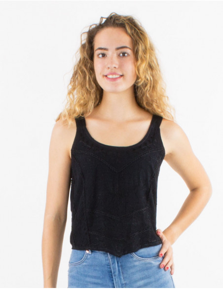 Plain asymmetrical boho crop top for summer with black embroidery