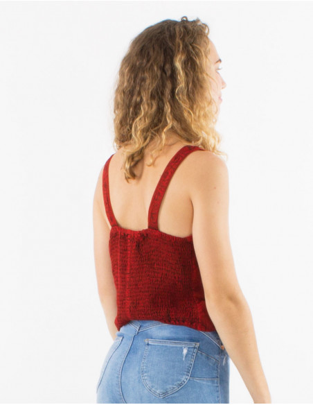 Original plain summer top with burgundy red boho embroidery