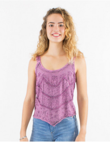 Top asymétrique uni original avec broderies rose