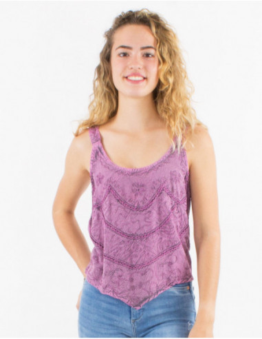 Plain asymmetrical boho crop top for summer with pink embroidery