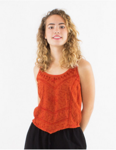 Plain asymmetrical boho crop top for summer with rust orange embroidery