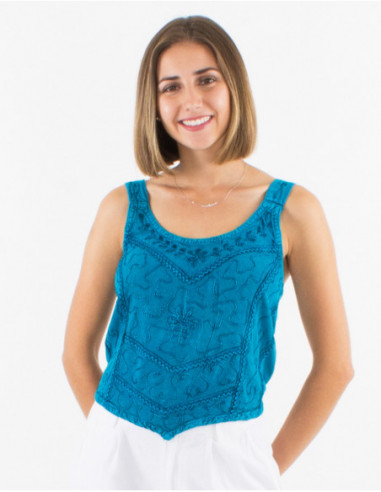 Original plain asymmetrical top with jeans embroidery