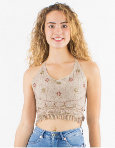 Crop top original dos nu avec franges et broderies uni beige