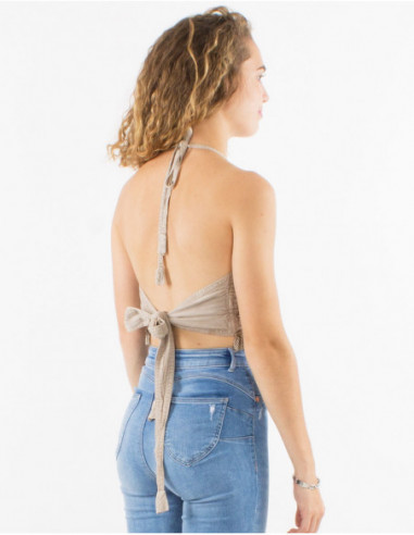 Bohemian halter top with embroidery and bangs beige