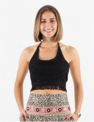 Crop top original dos nu avec franges et broderies uni noir