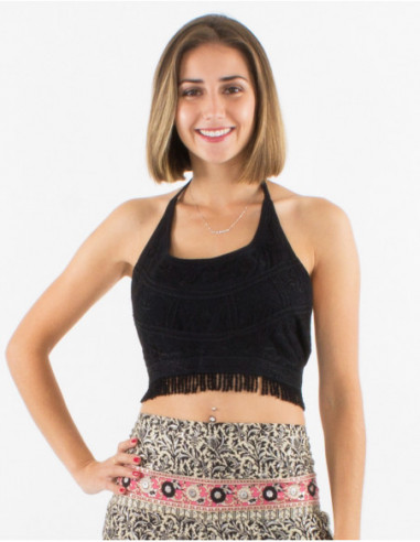 Halter top with bangs bohemian chic embroidered plain noir