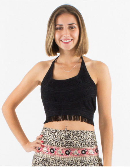 Crop top dos nu avec franges bohème chic brodé uni noir