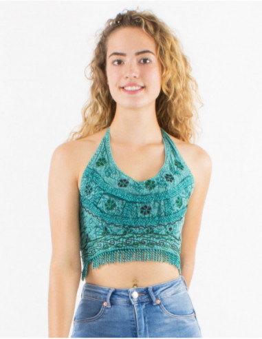 Top court uni d'été dos nu bohème avec broderies et franges