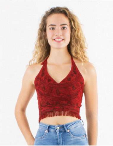 Crop top original dos nu avec franges et broderies uni rouge