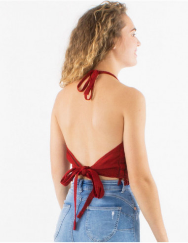 Top court uni d'été dos nu bohème avec broderies et franges rouge