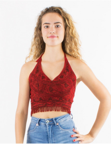 Halter top with bangs bohemian chic embroidered plain red