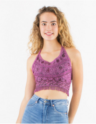 Crop top original dos nu avec franges et broderies uni rose