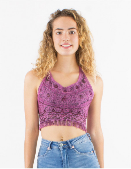 Crop top dos nu avec franges bohème chic brodé uni rose