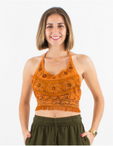 Crop top original dos nu avec franges et broderies uni orange