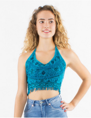 Top court uni d'été dos nu bohème avec broderies et franges