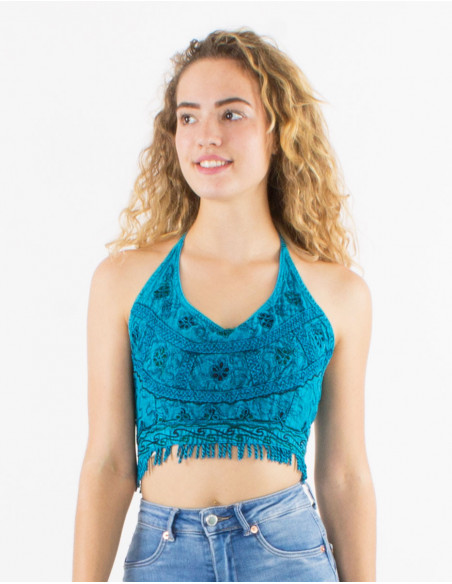 Halter top with bangs bohemian chic embroidered plain blue