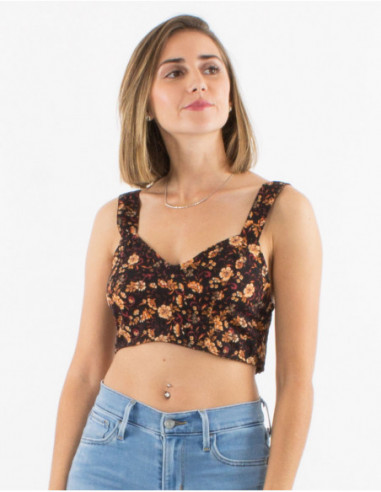 Brassière crop top légère pour l'été à motif boho fleurs noir