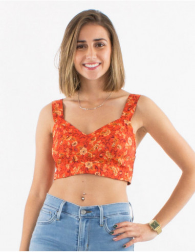 Brassière crop top légère pour l'été à motif boho fleurs orange